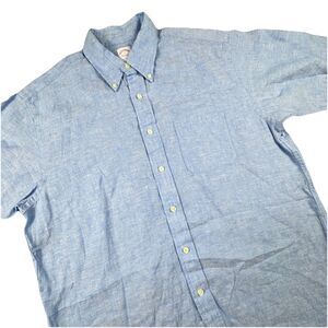 Brooks Brothers Irish Linen Polo Men L Button Collar Short-Sleeve Shirt Blue